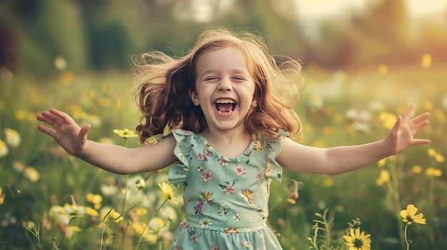 Photo joyful young girl laughs in a field of wildflowers