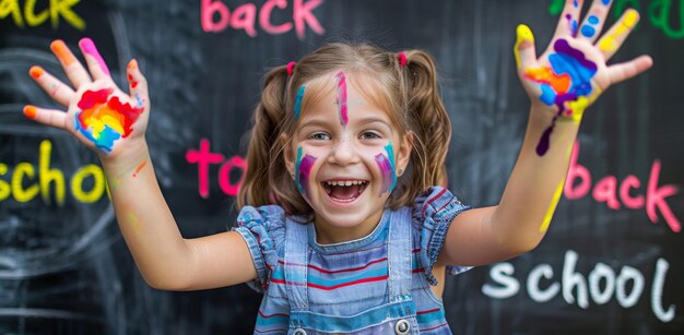 Photo joyful young girl with colorful paint on hands celebrating creativity at school