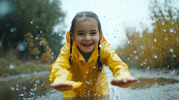 Photo a joyful young girl in a yellow raincoat jumping into puddles for fun and happiness