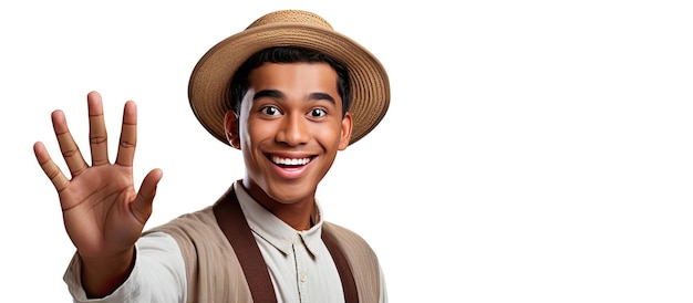 A joyful young Indonesian man wearing traditional headwear is happily greeting with open arms on a white background