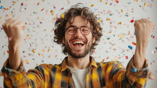 A joyful young man celebrates enthusiastically amidst falling confetti