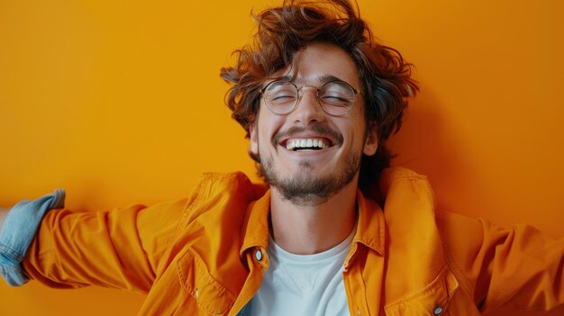 Photo joyful young man laughing cheerfully against bright orange background in modern studio setting