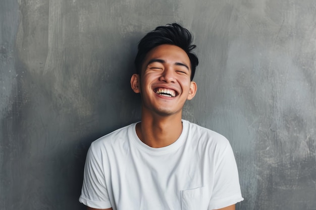 Joyful young man laughing with eyes closed leaning against a gray background wearing a white tshirt embodying happiness and positivity