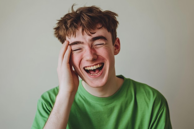 Photo a joyful young man laughing with genuine happiness his vibrant green shirt complements the light background perfect for expressing joy and positivity generative ai