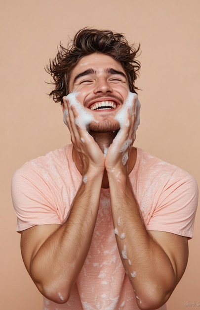 Photo joyful young man washing face with soap smiling against a neutral beige background