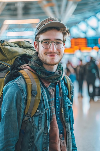 Photo joyful young man with backpack airport terminal embodies backpacker spirit ample copy space