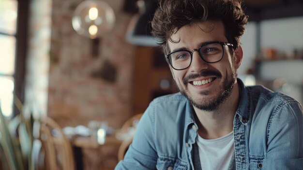 Joyful young man with glasses smiling in a cosy cafe setting