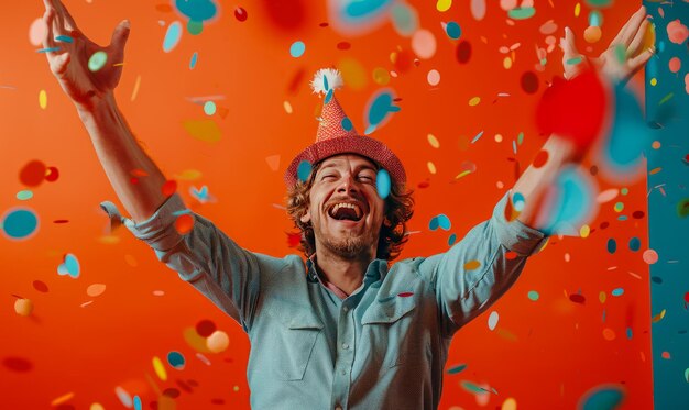 Photo joyful young man with party hat throwing confetti in studio