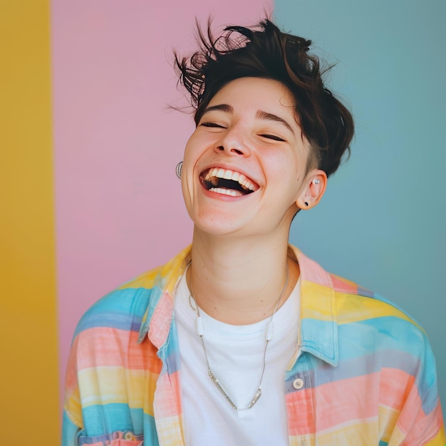 Joyful Young Person Laughing Colorful Background Portrait