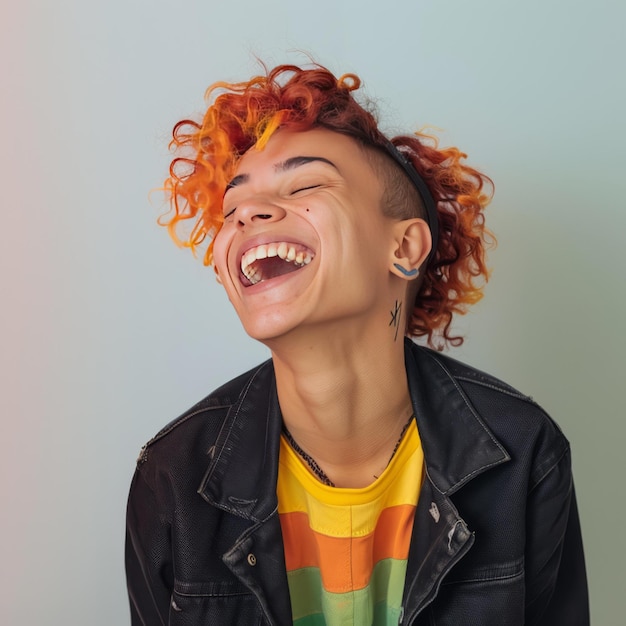 Joyful Young Person with Vibrant Hair and Leather Jacket Modern Portrait Photography