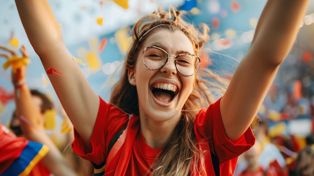 Joyful young woman celebrating with confetti