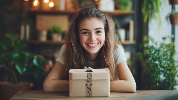 Photo joyful young woman celebrating with package indoors