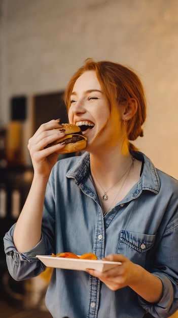 Photo joyful young woman eating burger standing in studio