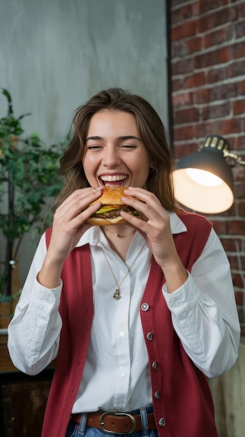 Photo joyful young woman eating burger standing in studio