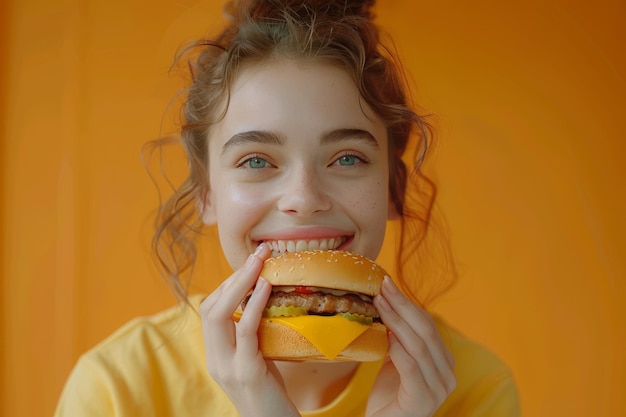 Joyful Young Woman Enjoying a Delicious Double Cheeseburger on a Vibrant Orange Background