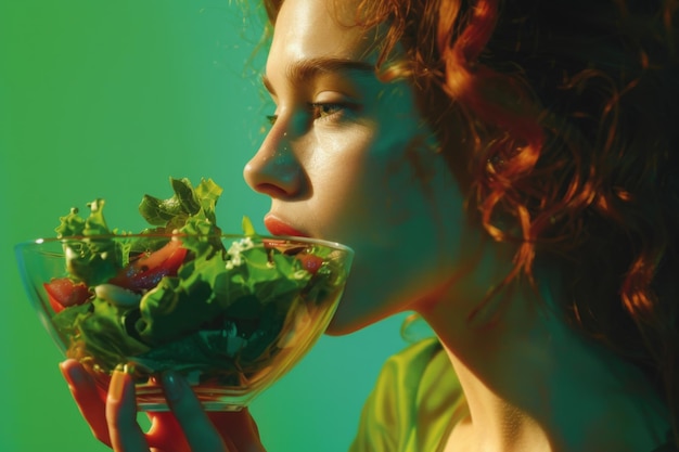 Photo joyful young woman enjoying a fresh salad with flying ingredients around her healthy eating concept