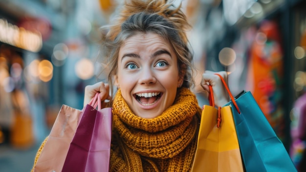 Photo joyful young woman examining shopping bags after successful shopping spree