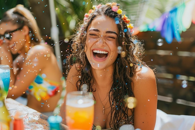 Joyful Young Woman Laughing with Flower Crown at Sunny Outdoor Party with Confetti and Tropical