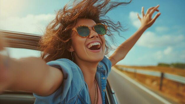 Photo joyful young woman leans back with arms outstretched while riding in a car on a sunny day