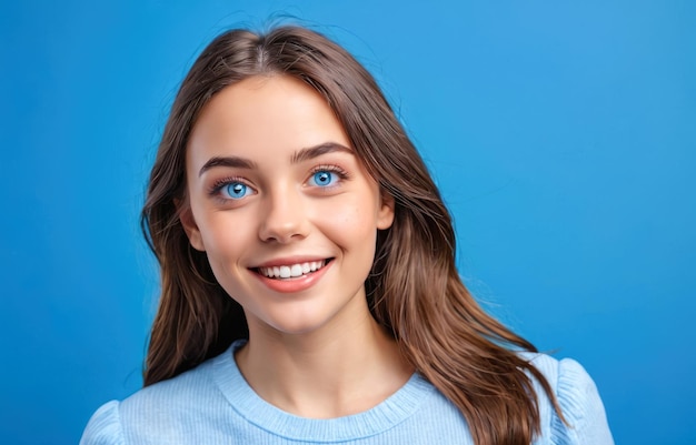 Joyful young woman portrait captured in high detail Expressive blue eyes and bright smile are focus set against contrasting bold blue backdrop showcasing warmth and positivity