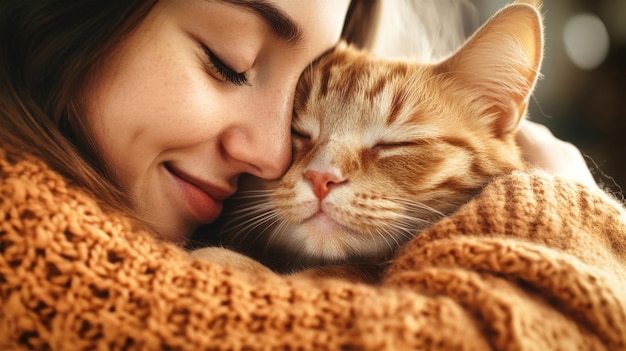 A joyful young woman relaxes at home gently hugging and kissing her beloved cat creating a warm moment of love and companionship