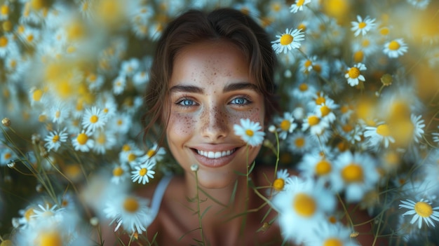 Joyful Young Woman Smiling Amongst Wild Daisies in a Summer Field