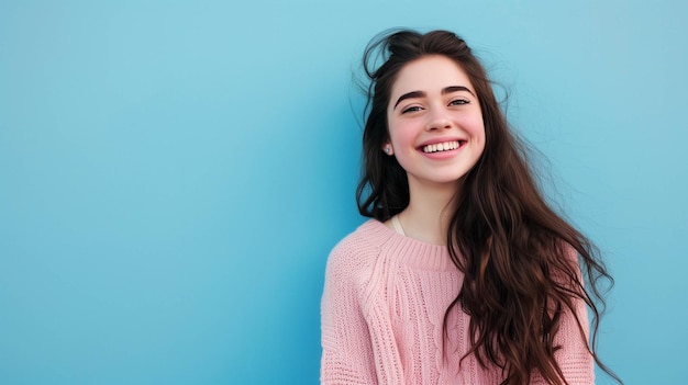 joyful young woman standing against a blue background