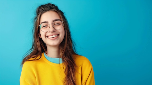 joyful young woman standing against a blue background