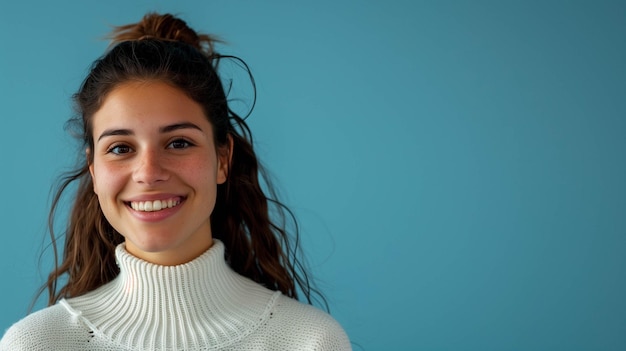 joyful young woman standing against a blue background