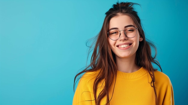 joyful young woman standing against a blue background