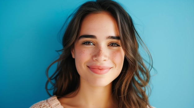 joyful young woman standing against a blue background