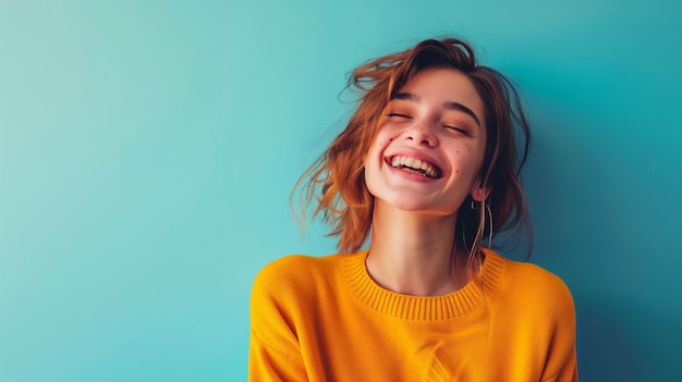 joyful young woman standing against a blue background