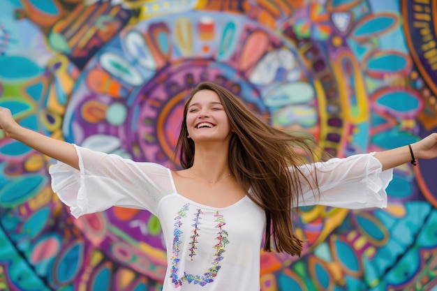 Photo a joyful young woman twirling in a city square adorned with colorful murals