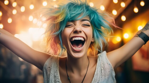 A joyful young woman with colored hair holding a smartphone Generative Ai