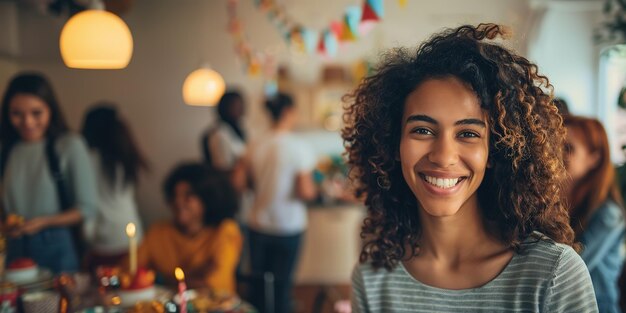 A joyful young woman with curly hair at a birthday party with friends