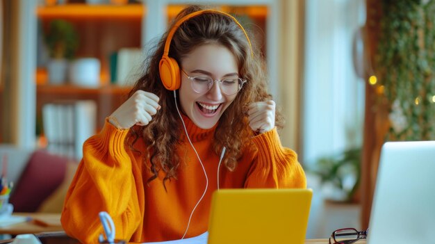 joyful young woman with curly hair wearing glasses and an orange sweater raising her fists in excitement while wearing headphones and sitting in front of a laptop