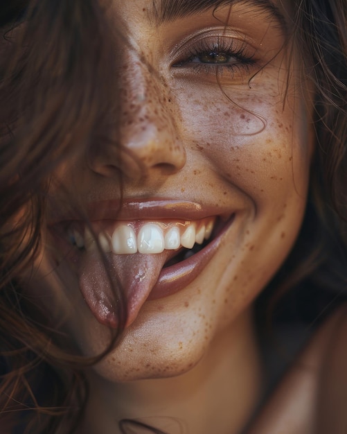 Joyful young woman with freckles and long hair smiling