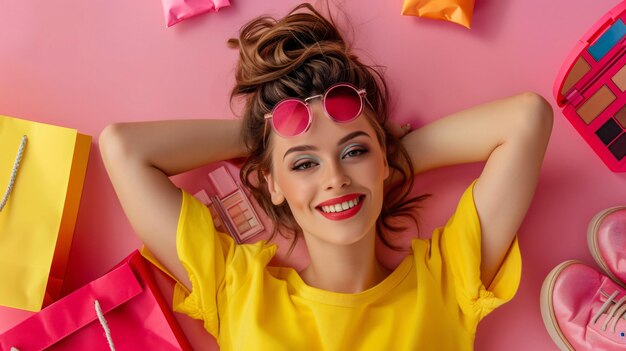 Photo joyful young woman with shopping bags and shoes