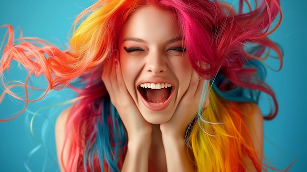 Joyful young woman with vibrant rainbow colored hair