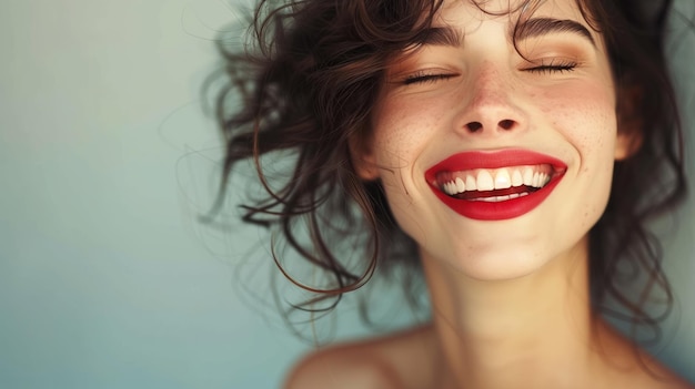 Joyful young woman with windblown hair smiling brightly