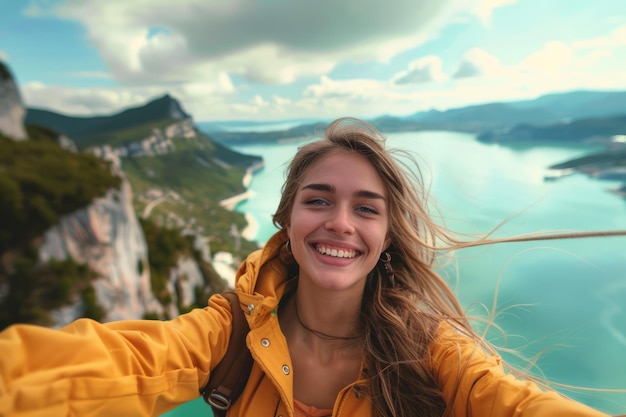 Photo joyful young woman in yellow jacket taking selfie with stunning mountainous lake landscape