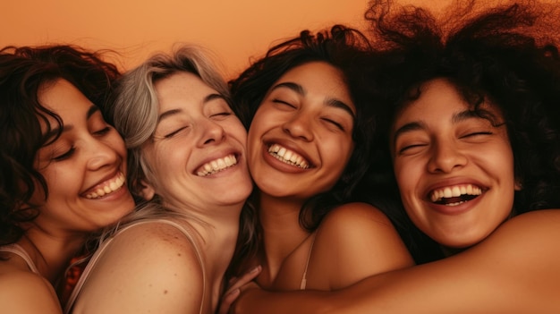 joyful young women are closely huddled together laughing and enjoying a happy moment against a warmtoned background