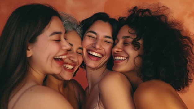 joyful young women are closely huddled together laughing and enjoying a happy moment against a warmtoned background