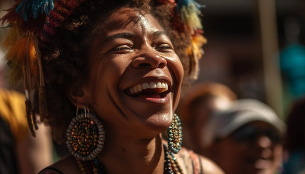 Joyful young women celebrate African culture at traditional festival outdoors generated by AI