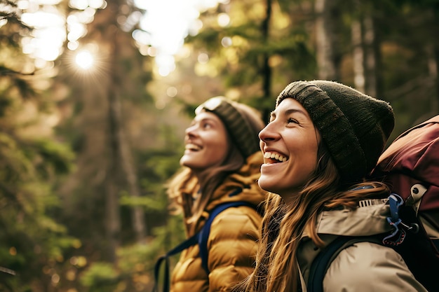 Joyful young women tourists admiring natural beauty