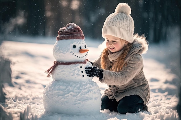 A joyful youngster builds a snowman in a rural area blanketed in snow