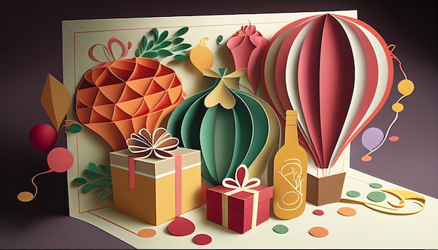 Joyous birthday presents in paper cut style Generative AI