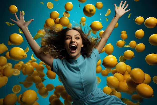 Joyous Brunette in a MidAir Dance with Floating Lemons