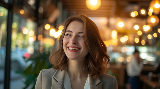 Joyous Businesswoman in Blurred Cafe Interior Blue Joyous businesswoman cafe interior blurred