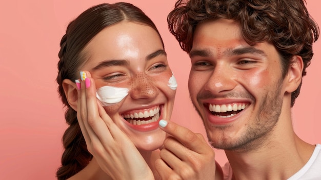 A Joyous Couple Applying Skincare